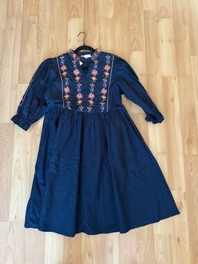 Solitaire Navy Dress with Pink & Orange Floral Embroidery